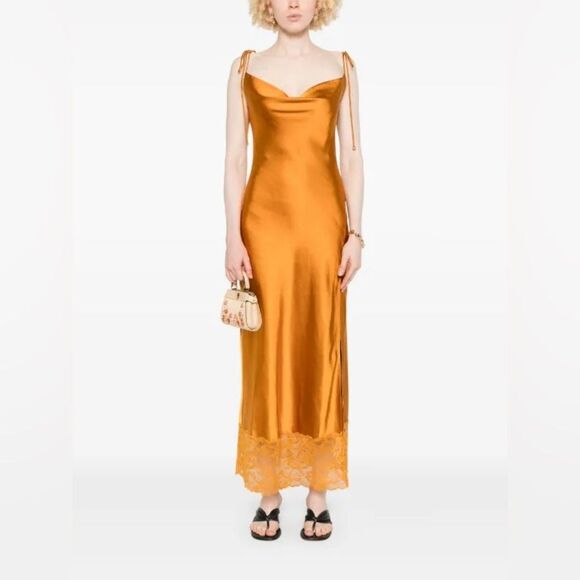 NWOT SELF-PORTRAIT  Burnt Orange Satin-Lace Midi Dress UK8/US4 - Picture 1 of 16